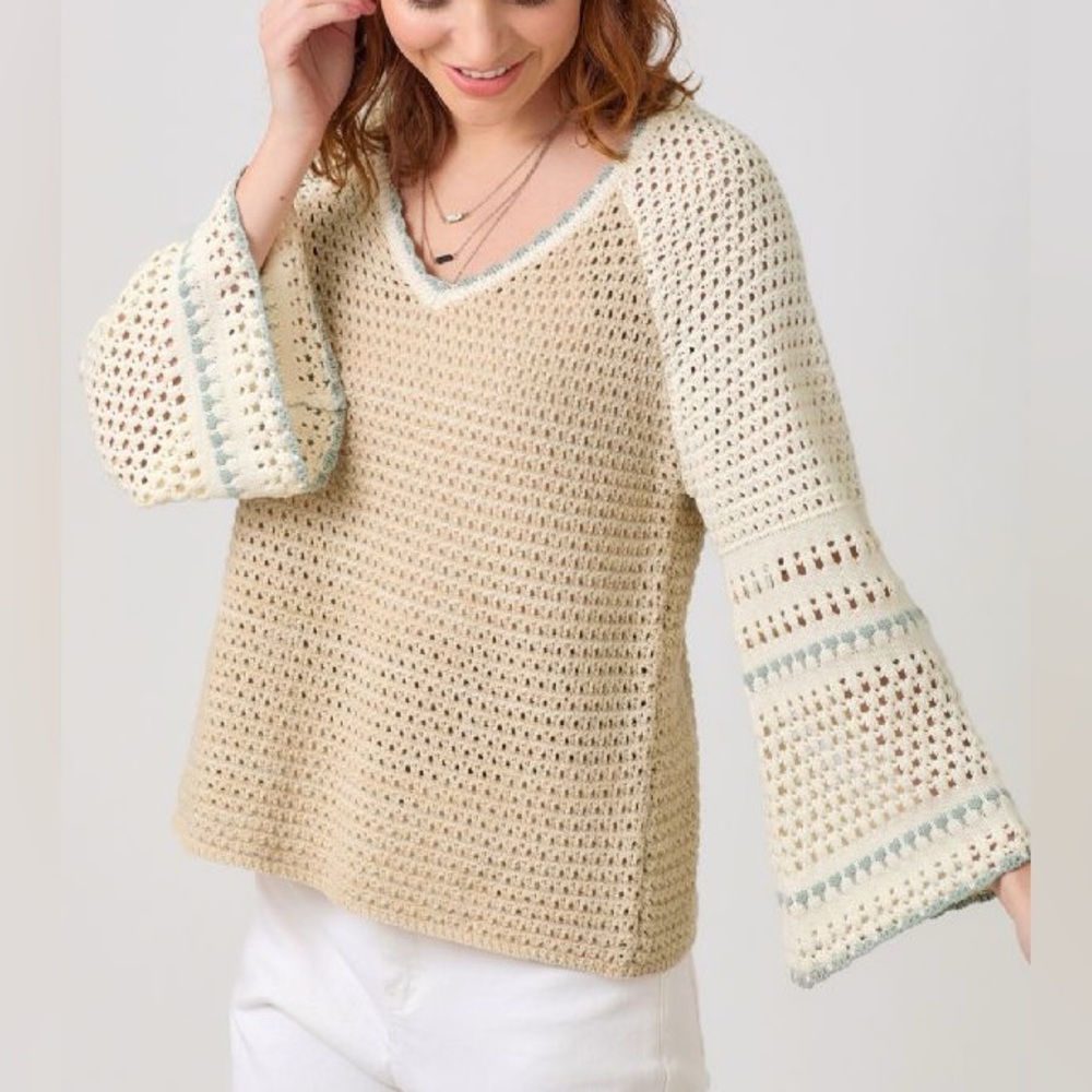 Mystree Cream Crochet V-Neck Bell Sleeve Sweater with Light Blue Trim NWT